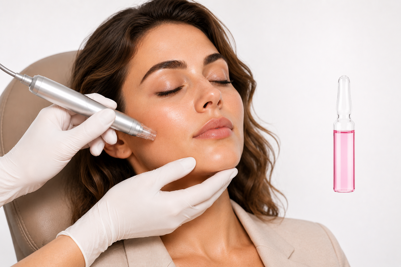 Mesoterapia facial de vitaminas y ácido hialurónico aplicada con lápiz de bioestimulación y ampolla de nutrición celular.
