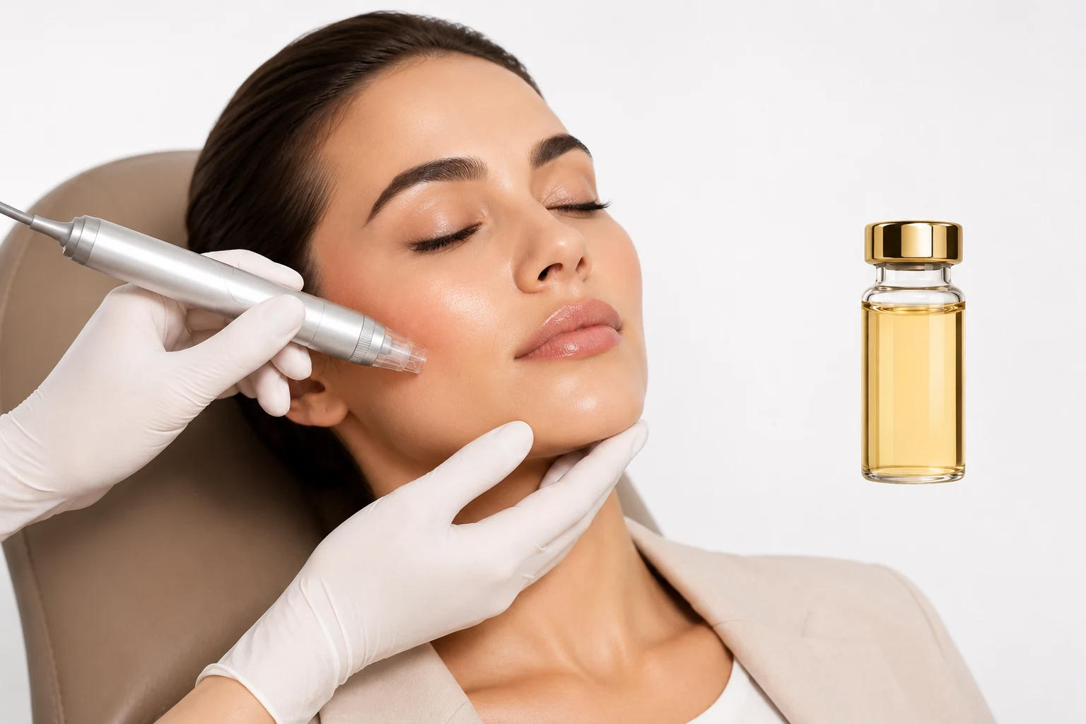 Tratamiento de Plasma Rico en Plaquetas PRP facial con dispositivo de microneedling y vial de plasma en clínica de medicina estética.