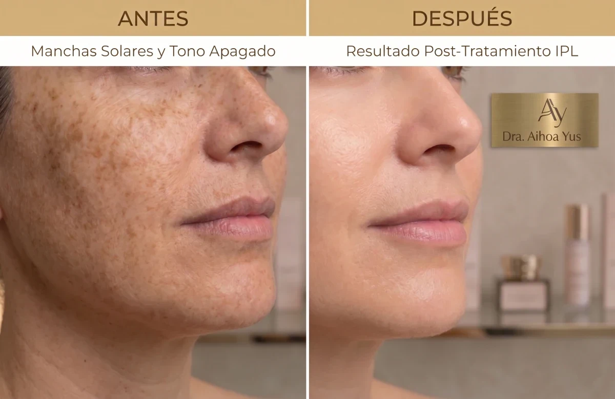 Comparativa de antes y después en la zona de mofletes y boca de una paciente con manchas solares tratada con el plan IPL 4x3 de la Dra. Ainhoa Yus.