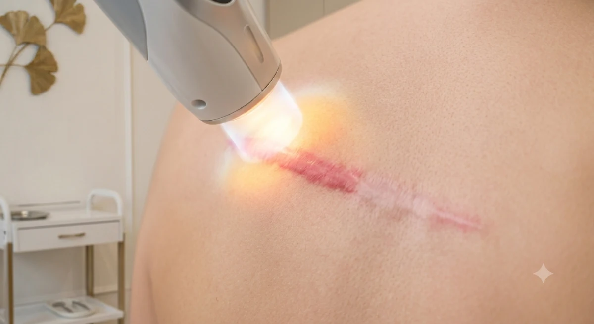 lano de detalle de una cicatriz lineal rojiza en la piel siendo tratada por un dispositivo de Luz Pulsada Intensa (IPL), mostrando un destello lumínico en el punto de contacto y una zona adyacente con la marca más aclarada.
