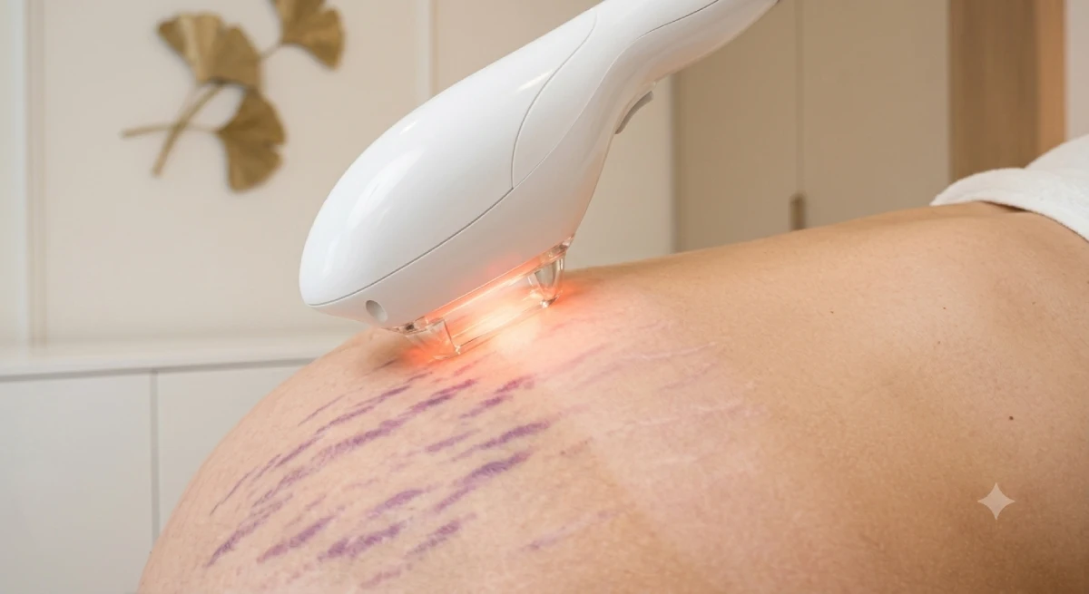 Plano de detalle de un conjunto de estrías moradas en el abdomen siendo tratadas por un cabezal de Luz Pulsada Intensa (IPL), que emite un destello de luz cálido mientras la zona tratada adyacente muestra un tono de piel más unificado y regenerado.