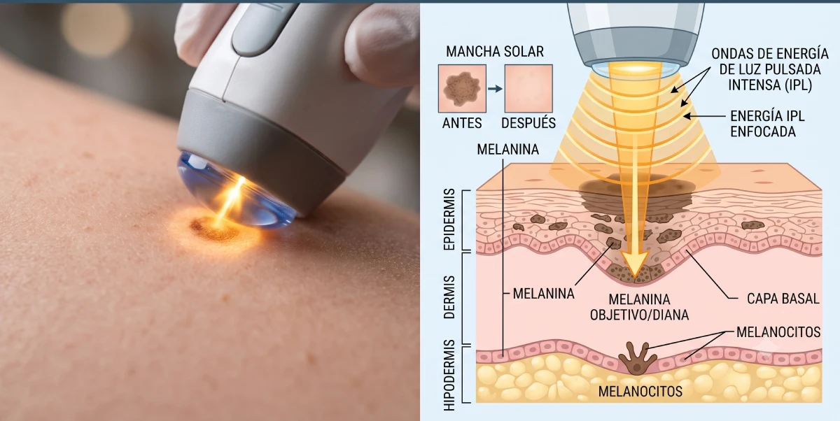 Infografía médica en español que explica el mecanismo del tratamiento de Luz Pulsada Intensa (IPL) para manchas solares. Panel izquierdo: foto macro de un dispositivo IPL emitiendo luz sobre una mancha de la piel. Panel derecho: diagrama técnico detallado con secciones transversales de la piel (Epidermis, Dermis, Hipodermis), etiquetando la melanina, los melanocitos y la energía enfocada para mostrar cómo la luz destruye el pigmento. Incluye comparación Antes y Después de una mancha solar.