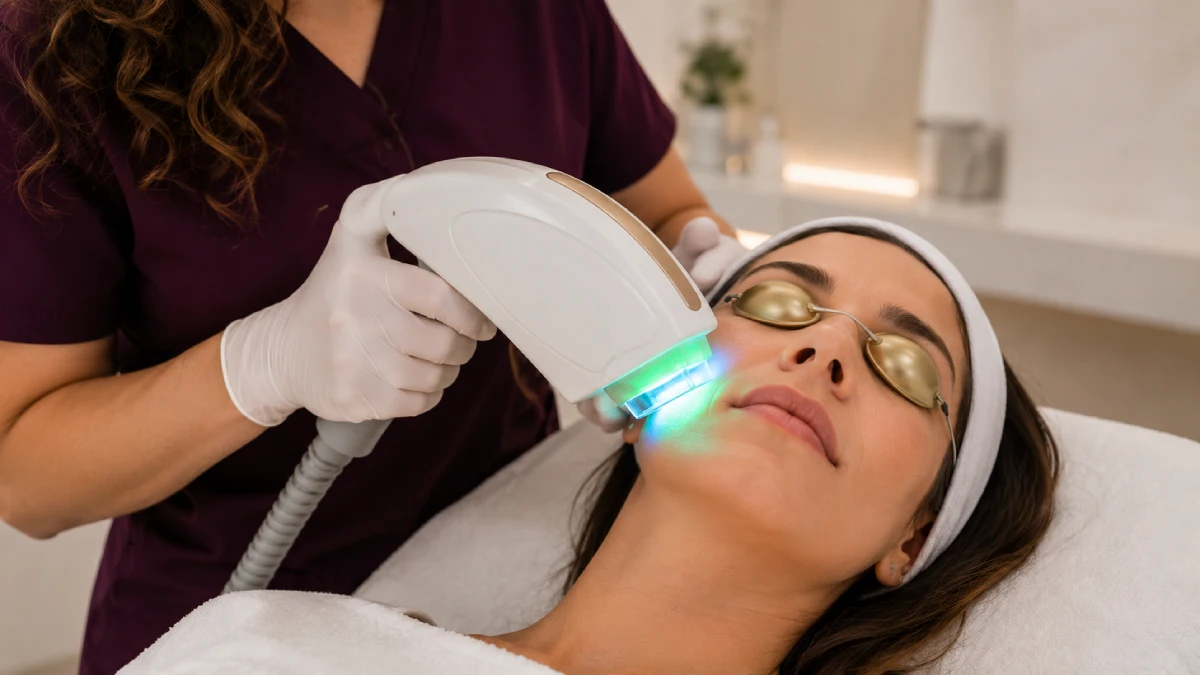 Primer plano del cabezal de un dispositivo de Luz Pulsada Intensa (IPL) emitiendo un destello de luz controlado sobre la piel del rostro de una paciente, manejado con precisión por una doctora con guantes y uniforme granate en una clínica estética.